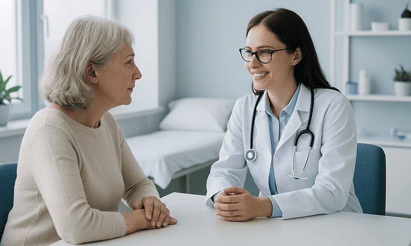 Doctor consulting with an elderly patient in a medical office.