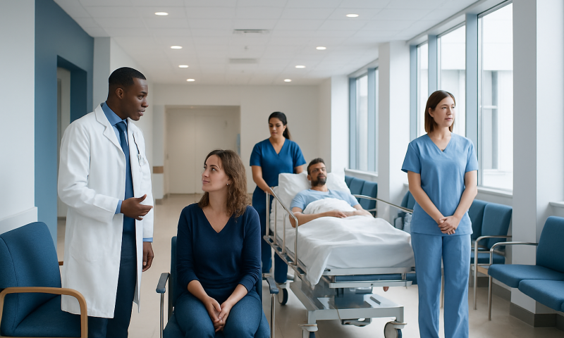 Medical team consulting with patient in hospital room at Acibadem Hospitals.