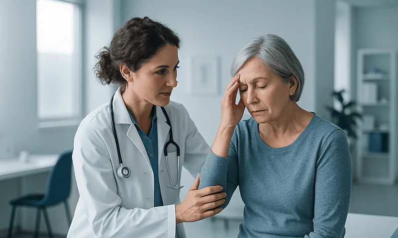 Doctor consulting with an elderly woman experiencing headache symptoms.