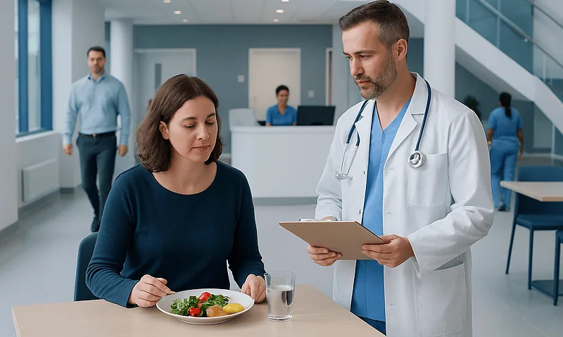 Doctor consulting female patient in hospital cafeteria setting.