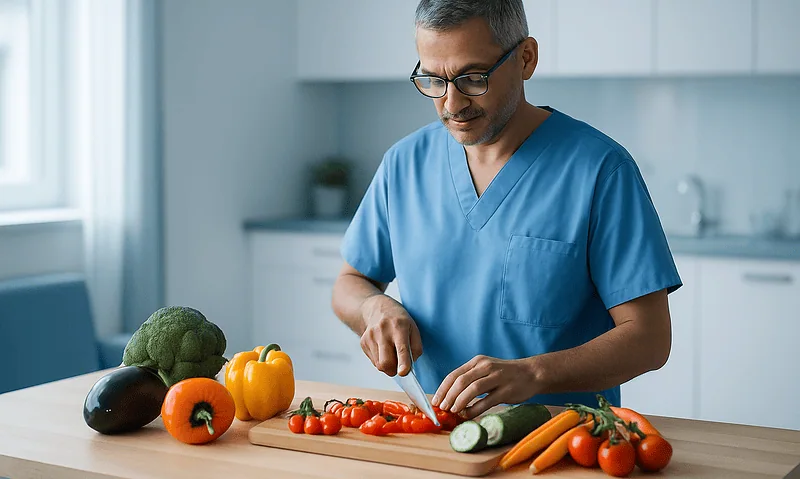 Male chef preparing fresh vegetables for a healthy meal in a modern kitchen.