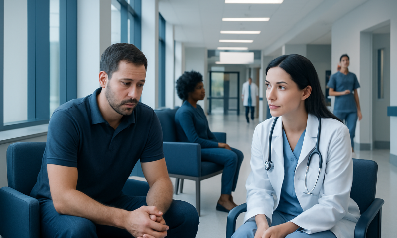 Doctor consulting male patient in hospital corridor.