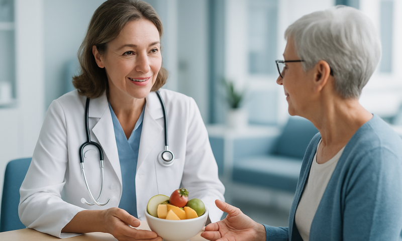 Doctor handing bowl of fresh fruit to elderly woman in clinic setting.