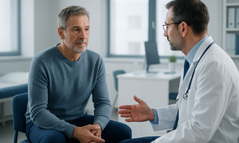 Doctor consulting with middle-aged male patient in a medical office.