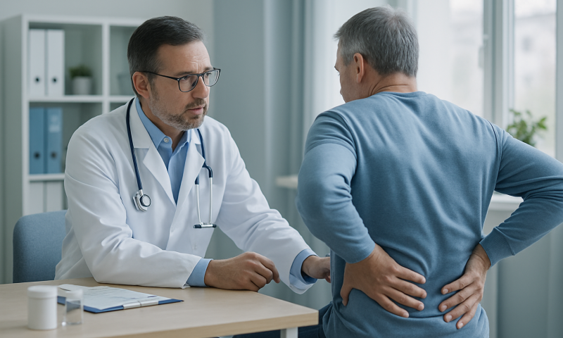 Doctor examining a patient with lower back pain in a clinic setting.