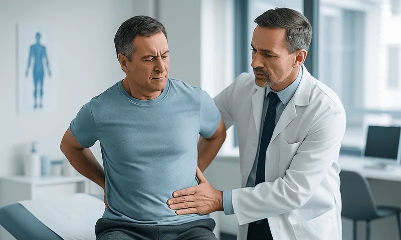Doctor examining a middle-aged man's lower back in a clinic setting.