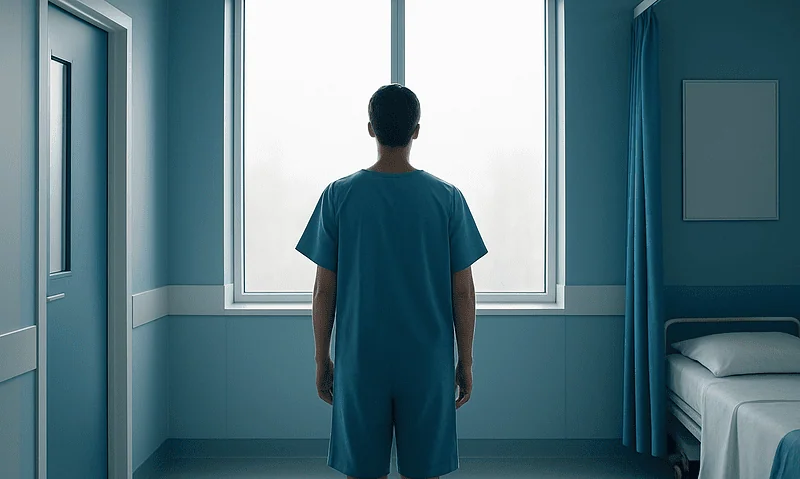 Patient in hospital gown looking out of window in hospital room.