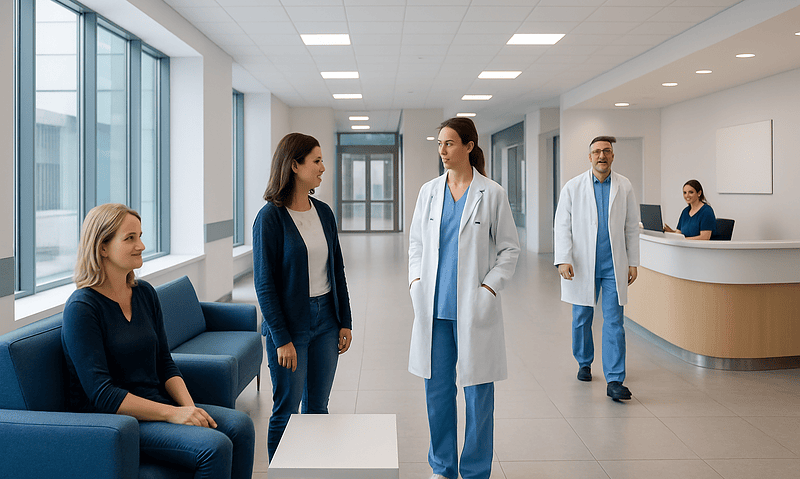 Medical consultation at Acibadem Hospital with doctors and patient in waiting area.