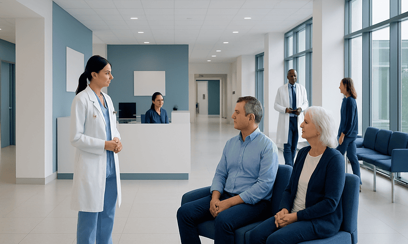 Doctor consulting elderly patients in a modern hospital waiting area.