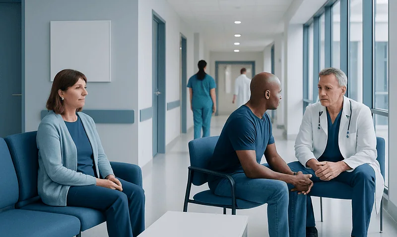 Medical consultation in hospital corridor with doctor and patients.