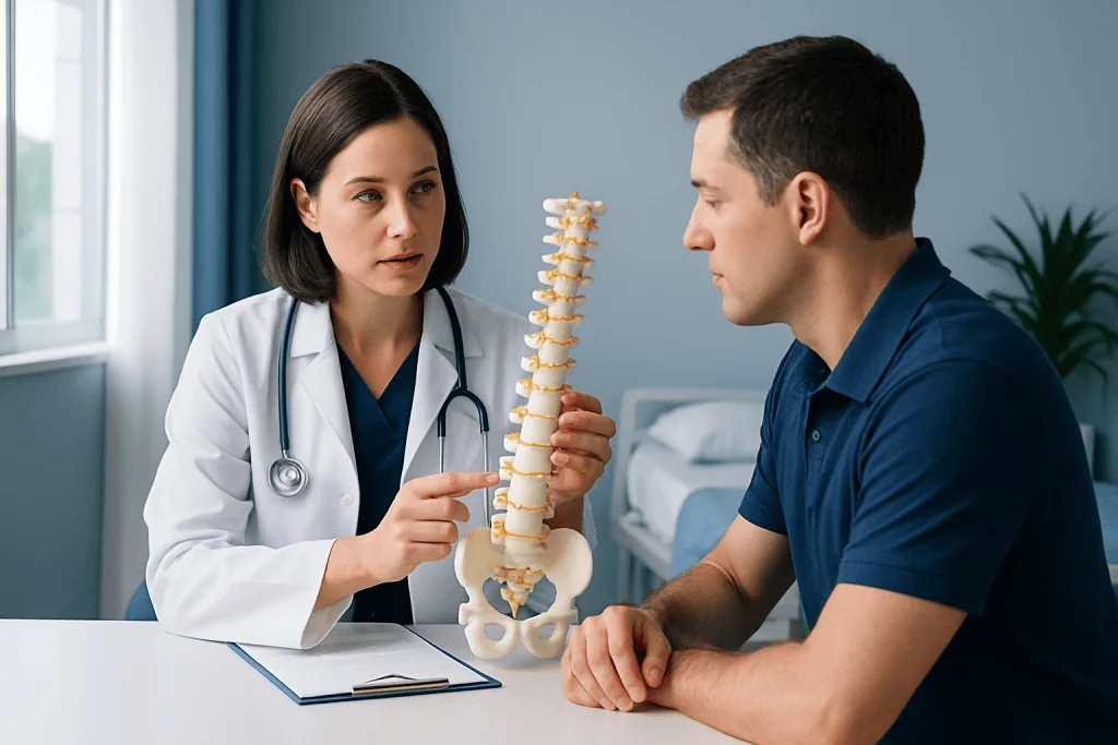 Doctor explaining lumbar spine model to patient in consultation room.