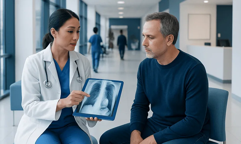 Doctor explaining lung X-ray to patient in hospital corridor.