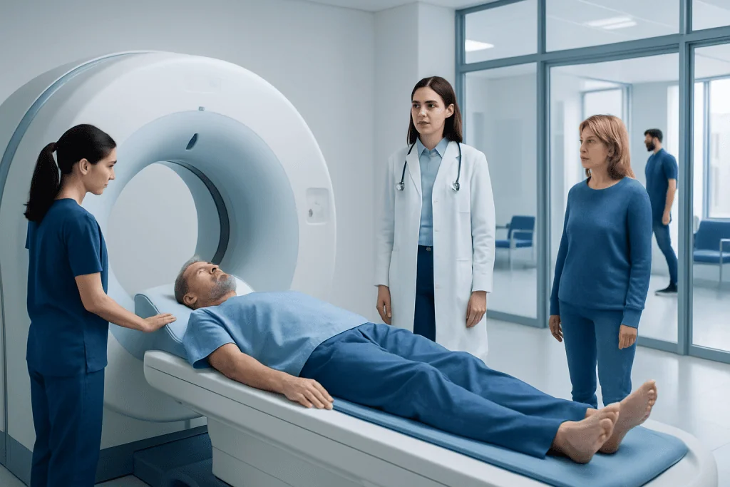 Lung Cancer CT Scan Stage 4: Preparation, Procedure and Results 1 Patient undergoing a CT scan in a modern hospital setting with medical staff present.