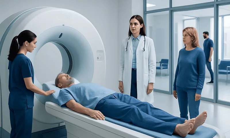 Patient undergoing a CT scan in a modern hospital setting with medical staff present.