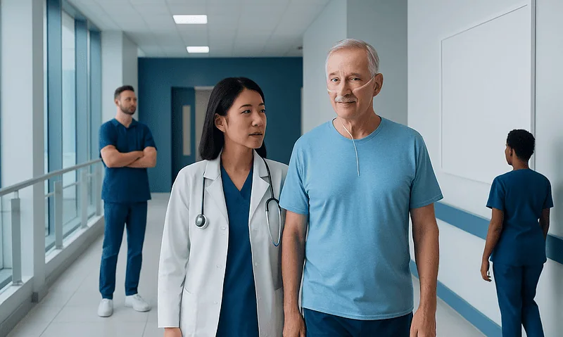 Doctor consulting an elderly male patient in hospital corridor.