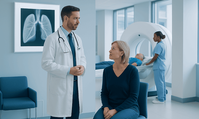 Doctor discussing lung scan results with a patient in a hospital.