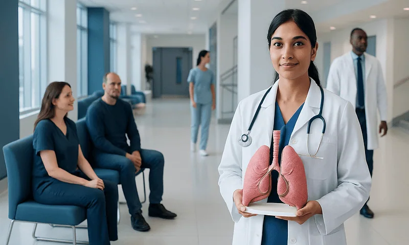 Lungs Cyst Treatment: How It Works, Results and What to Expect 5 Doctor holding a model of lungs in a hospital corridor.