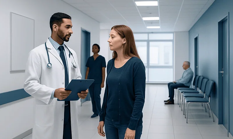 Doctor consulting a patient in a hospital corridor with other staff and patients nearby.