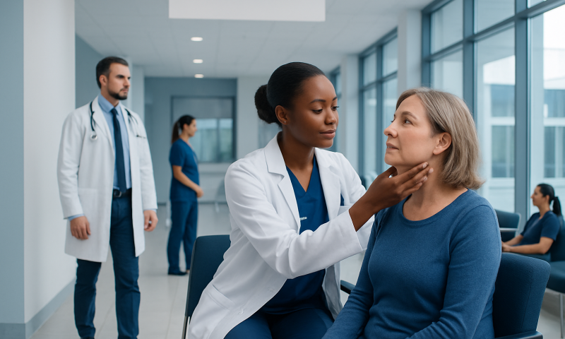Doctor examining a patient's neck in a hospital setting.