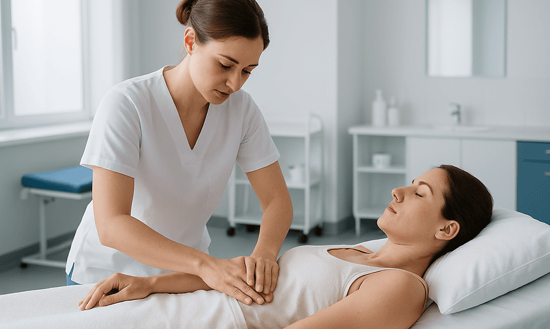 Therapist performing lymphatic drainage massage on patient in clinic.