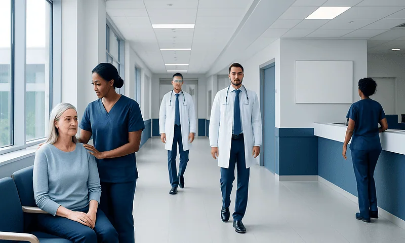 Healthcare professionals and patient in a modern hospital corridor.