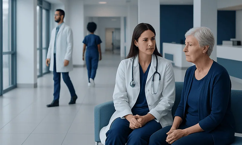 Lymphoma Screening: How It Works, Results and What to Expect 1 Doctor consulting elderly patient in hospital corridor.