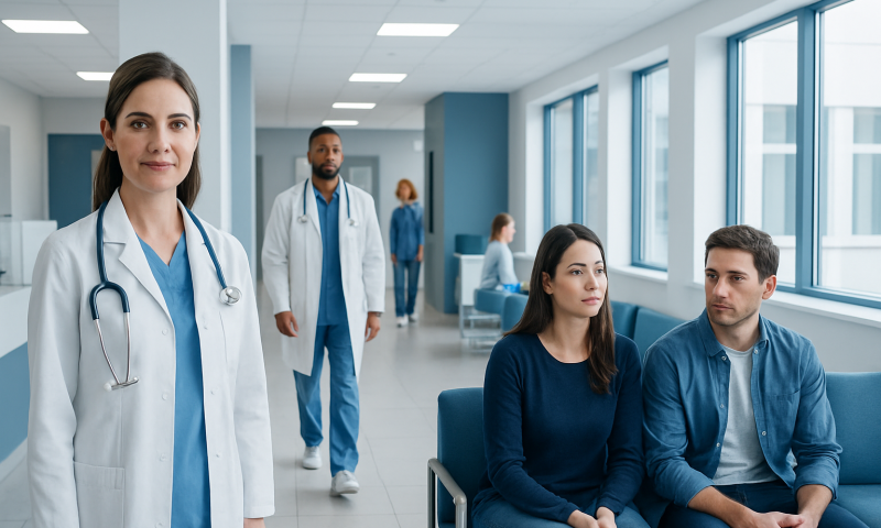 Medical professionals and patients in a hospital waiting area.
