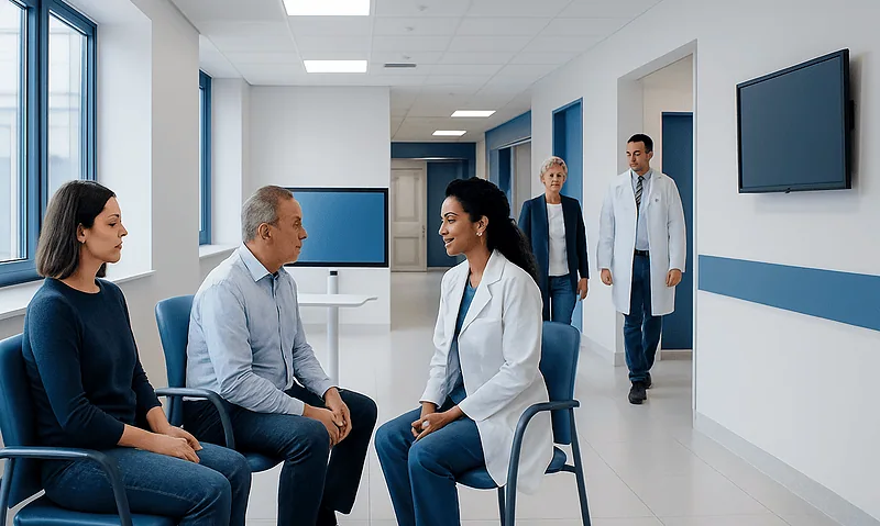 Medical consultation in a modern hospital with doctors and patients.