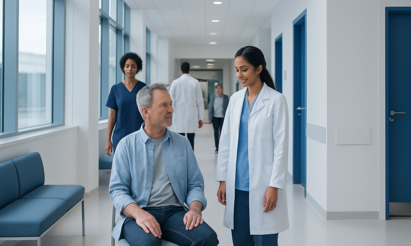 Patient and healthcare professional in hospital corridor engaging in conversation.