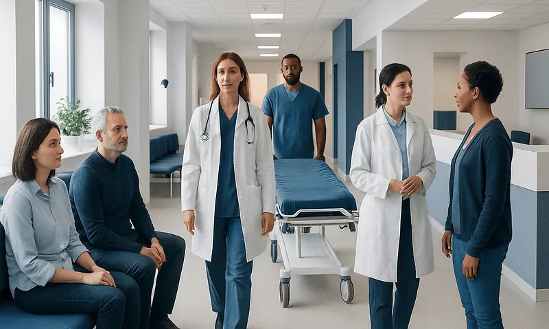 Medical team discussing patient care in hospital corridor.