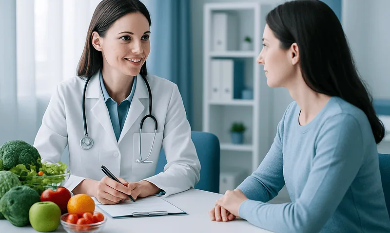 Doctor consulting patient in a modern clinic with fresh vegetables on the table.