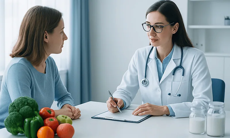 Doctor consulting patient about health and nutrition in a medical office.