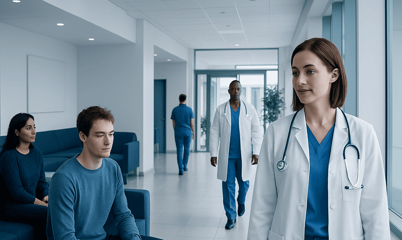 Magnesium for ADHD: A Complete Medical Overview 8 Medical team and patients in a modern hospital corridor.