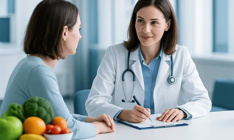 Doctor consulting with a patient in a medical office setting.