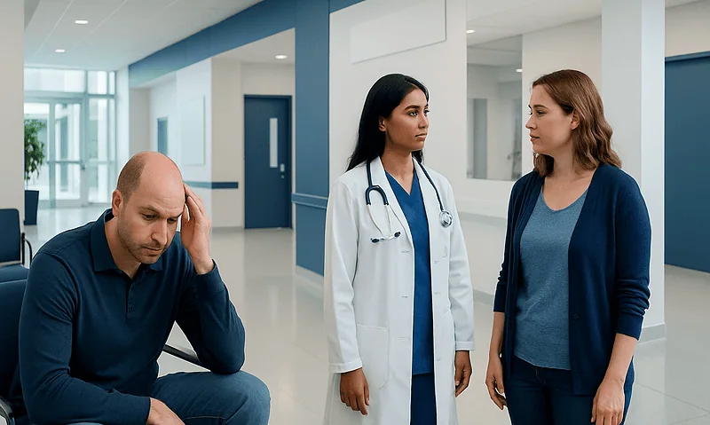 Patient distressed in hospital corridor with doctor and visitor.