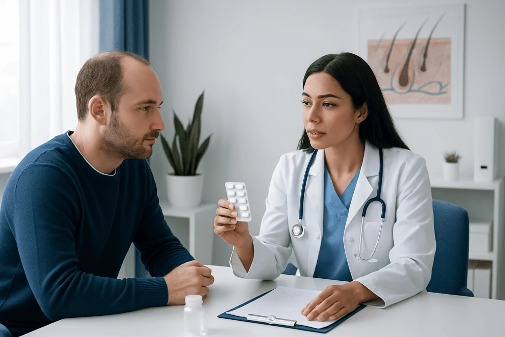 Doctor consulting with male patient in a medical office setting.