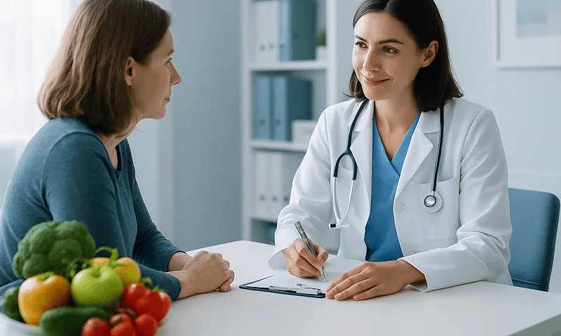 Doctor consulting with a patient about magnesium-rich foods at a clinic.