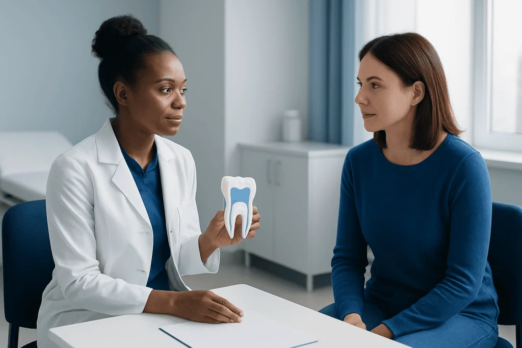 Dentist explaining dental health to a patient with a tooth model.