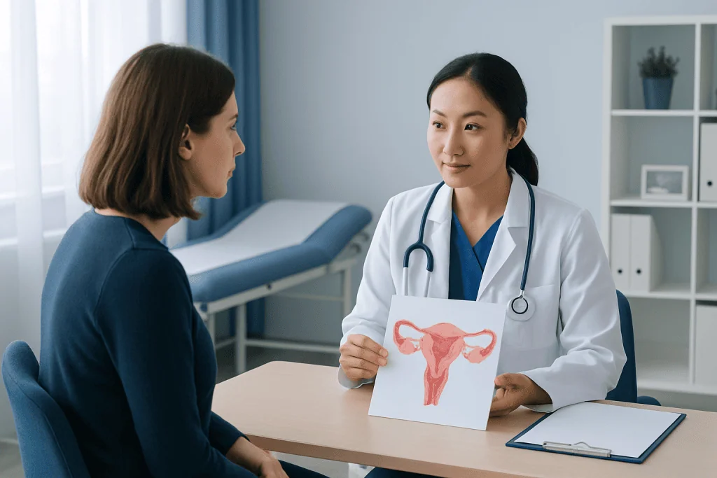Doctor explaining uterine health to patient with uterus diagram.