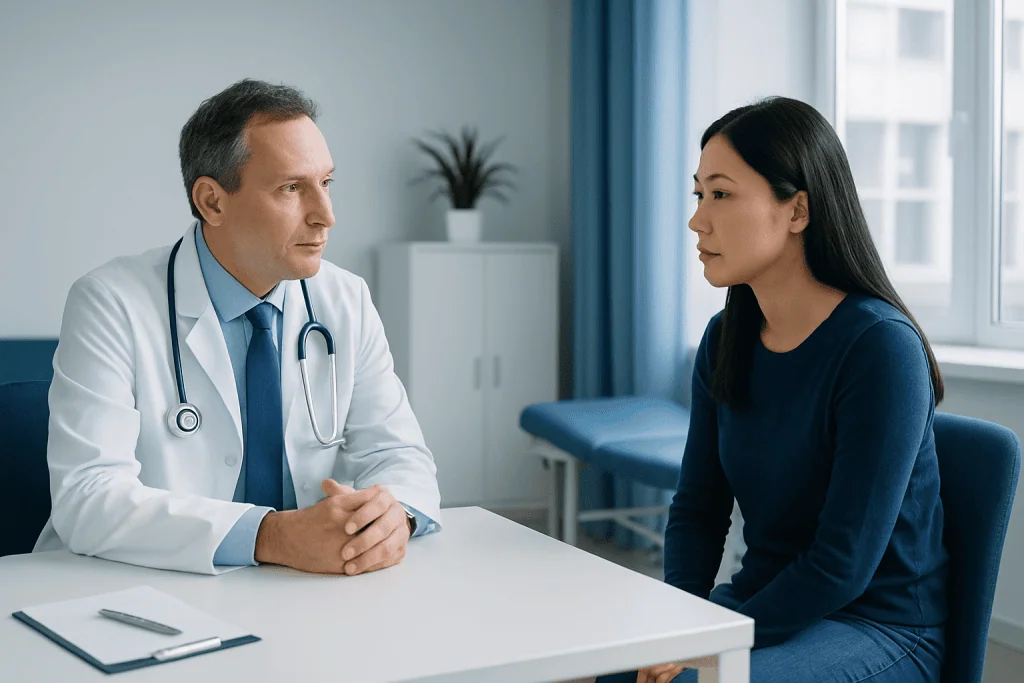 Doctor consulting with a female patient in a modern clinic setting.