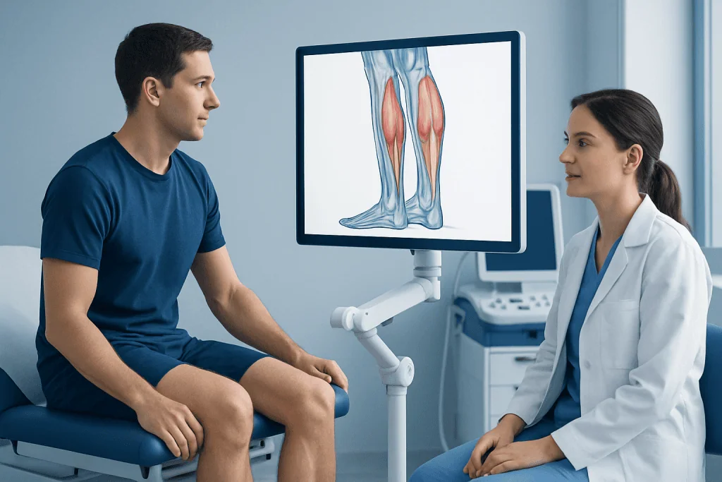 Medical consultation for calf muscle anatomy with doctor and patient.