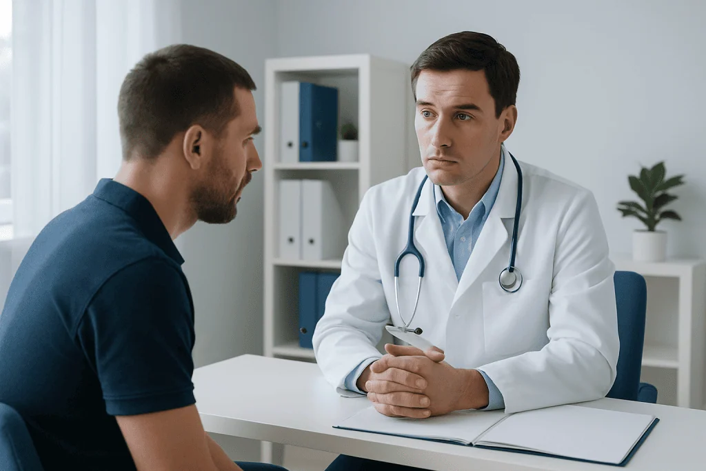 Doctor consulting with a patient in a medical office setting.