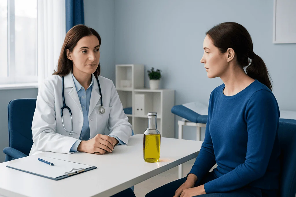Doctor consulting patient in a medical office with olive oil on the table.