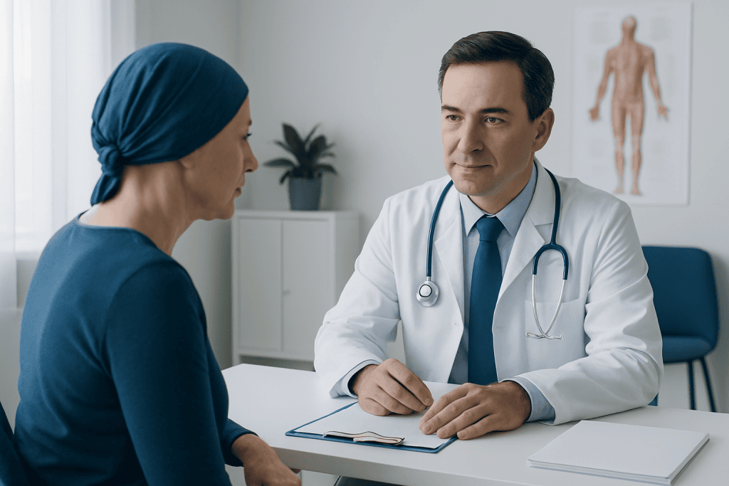 Doctor consulting patient in a medical office with anatomical chart in background.