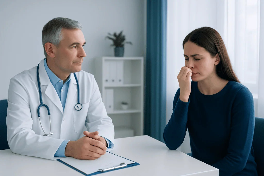 Doctor consulting with a young woman experiencing allergy symptoms in a clinic.