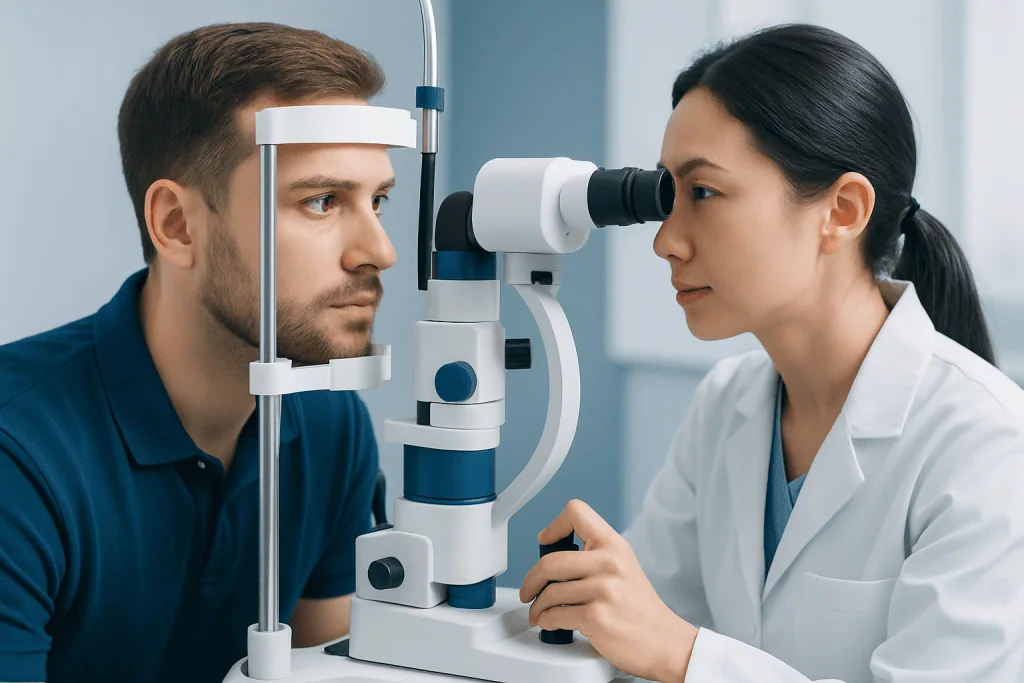 Optometrist examines patient's eye with slit lamp in clinic setting.
