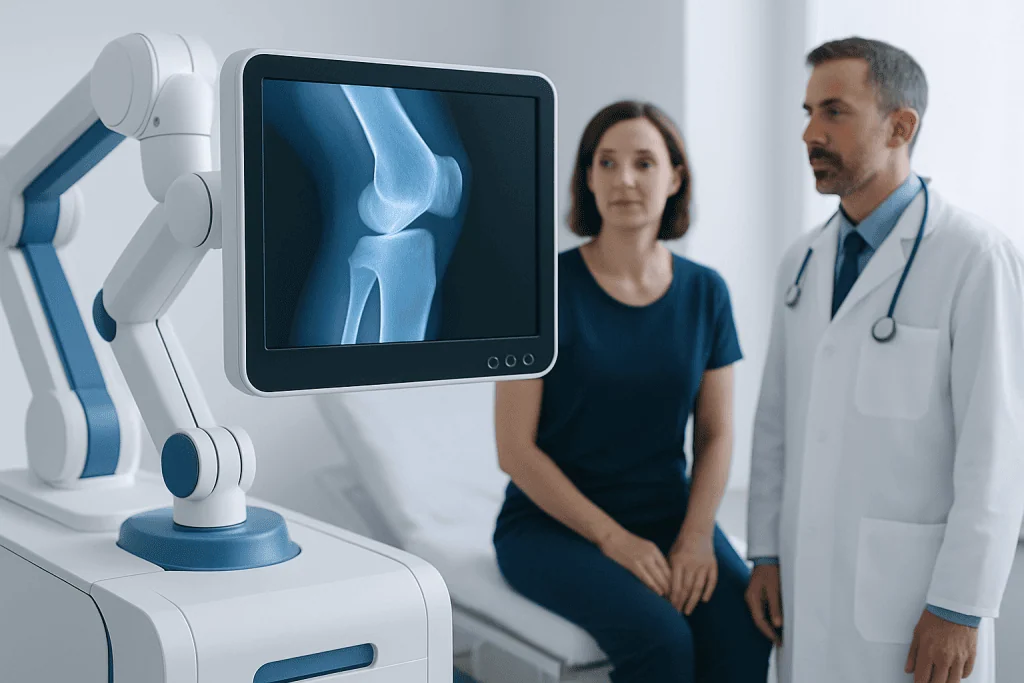 Medical professionals reviewing knee X-ray on digital monitor at hospital.