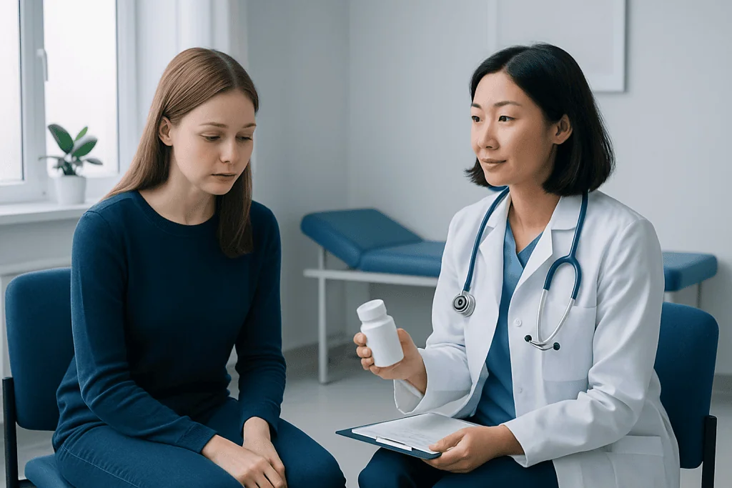 Doctor explaining medication to a young woman in a clinic setting.
