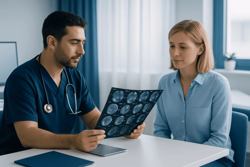 Doctor reviewing brain scan images with a patient in a medical consultation.