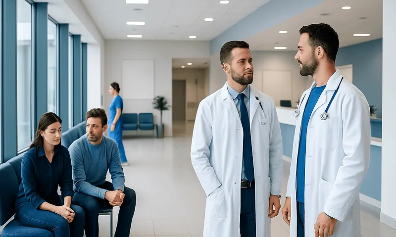 Doctors discussing male infertility treatment options at Acibadem Hospital.